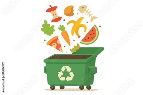 Illustration of a dumpster with flying food products, representing cartoon food garbage for themes such as food processing, compost, organic waste, and zero waste, created using flat icons and vector