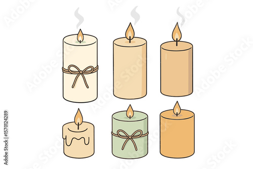 Collection of scented burning candles, including paraffin pillar candles and aroma candles, presented as zero waste gifts and home decorative items, depicted in a hand drawn vector illustration