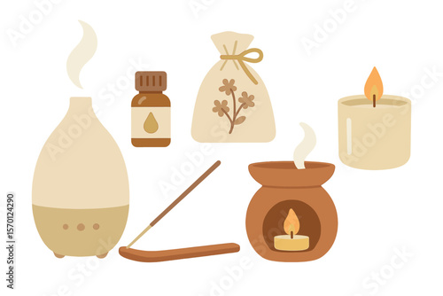 Vector flat cartoon illustration of aromatherapy products including aroma diffuser, essential oil, aromatic bag sachet, incense stick, oil burner, and scented candle