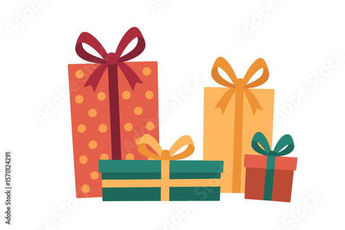 Vector illustration of flat gifts wrapped in gift paper with a bow, suitable for New Year, Christmas, and birthday occasions, and ideal for postcard or banner designs