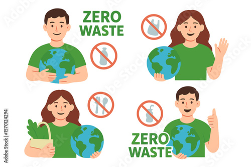 Vector illustration of a zero waste lifestyle, where individuals protect the planet by declining to purchase plastic products, featuring a man and woman as environmental activists, along with a set