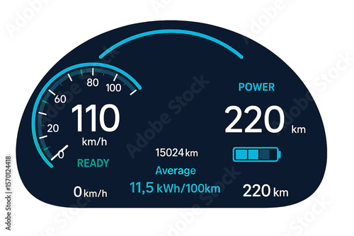 A close-up shot of a modern digital cluster in a full electric vehicle, featuring a vector illustration of an illuminated car dashboard panel with a speedometer, odometer, average consumption