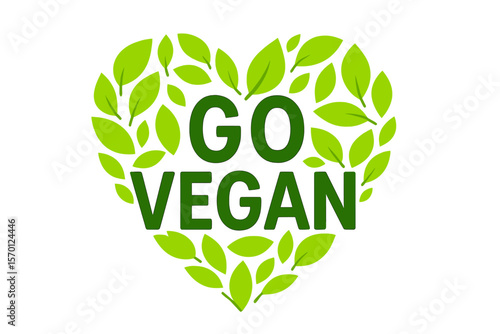 Vegan flyer template with heart-shaped bright fresh green leaves and lettering concept on a white background, featuring an ecology theme, suitable for posters, cards, and banners with a stylish