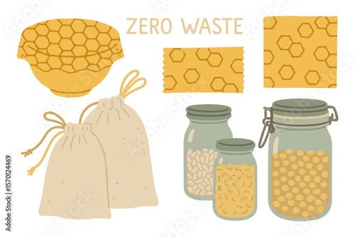 Zero waste in the kitchen features durable and reusable eco-friendly items, including beeswax food wraps, cotton bags, and glass jars, all hand-drawn and plastic-free, isolated on a dark background