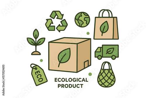 Vector illustration of ecological product and packaging, featuring a green concept with icons related to environmentally friendly ecommerce business, sustainable logistics, procurement, or purchasing
