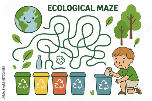 Earth day preschool activity featuring an ecological maze where a child sorts out rubbish, promoting eco awareness through a zero waste labyrinth game or puzzle, a nature protection printable