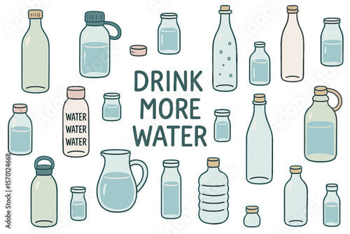 A plastic-free and zero-waste concept is promoted through a hand-drawn, cute, and trendy vector illustration of various glass bottles and flasks, creating a colored seamless pattern that encourages