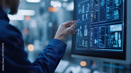 Digital twin of manufacturing plant being monitored in real-time, transparent overlay of equipment status and output rates,