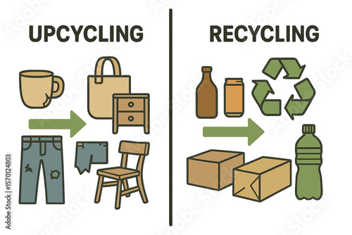Horizontal vector banner showing the distinction between upcycling and recycling methods, highlighting the innovative repurposing of discarded items into novel materials as a contemporary trend