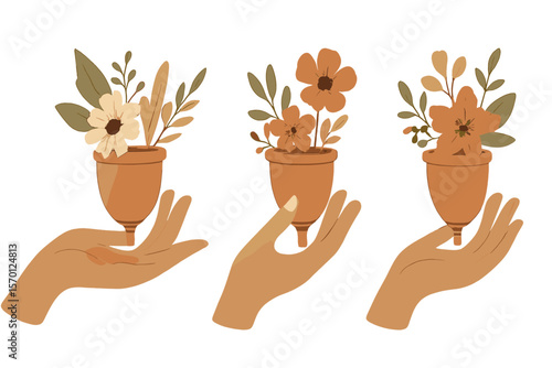 A woman's hand is shown holding a menstrual cup surrounded by flowers, presented as a boho-style vector illustration