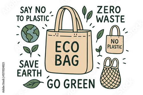 Illustration of a hand-drawn eco bag, promoting zero waste and a reduction in plastic use, featuring doodle elements of reusable shopping bags to encourage going green and saving the Earth