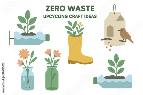 Vector illustration of eco-friendly craft ideas, including zero waste, upcycling, and reuse, featuring green plants in pots made from plastic bottles and boots, a glass vase with flowers, and a