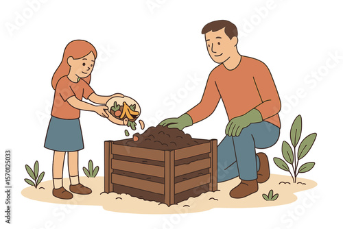 A father and daughter create compost together in their backyard garden, teaching her the importance of recycling organic and biodegradable waste