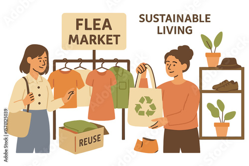 Flat vector illustration representing reusable clothes and sustainable living concept at a flea market or second-hand store