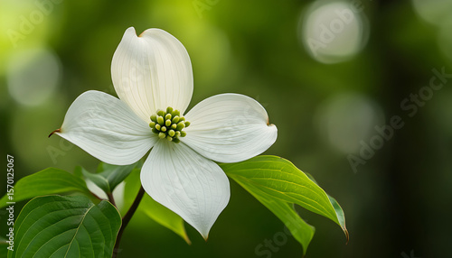 Pacific Dogwood flower blossom. White petals contrast green leaves. Natural outdoor scene. Springtime bloom. Close up of delicate floral beauty