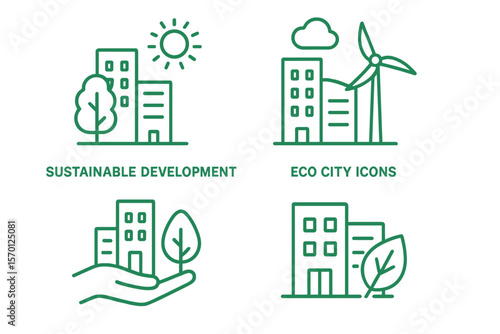 Eco city icons, green city line icon set, and sustainable development are represented in Vector EPS