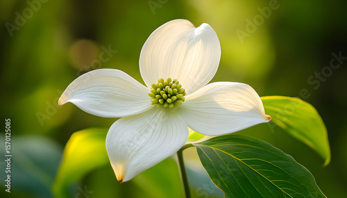 Pacific Dogwood flower blossom. White petals contrast green leaves. Natural outdoor scene. Springtime bloom. Close up of delicate floral beauty