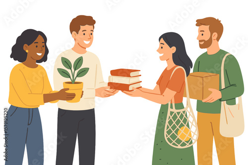 Flat vector illustration of happy people exchanging and sharing extra items, representing the concept of reuse, eco-friendly lifestyle, conscious consumption, and zero waste, isolated on a white