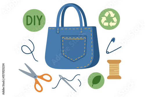 Vector illustration representing a DIY bag made from jeans, embodying the handmade and upcycling concept of sewing, reusing cloth, and promoting reasonable consumption