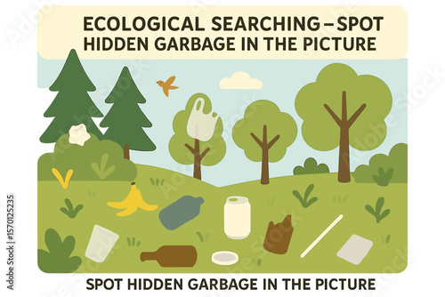 Earth day game featuring a vector ecological searching page with a forest landscape and rubbish, where kids can spot hidden garbage in a simple zero waste seek and find educational printable activity