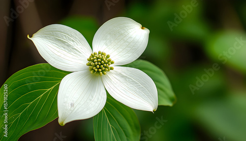 Pacific Dogwood flower blossom. White petals contrast green leaves. Natural outdoor scene. Springtime bloom. Close up of delicate floral beauty