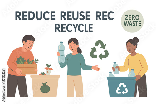 Vector illustration of characters reducing food waste and recycling plastic bottles, representing the concept of reduce, reuse, recycle and zero waste for web banners and landing pages