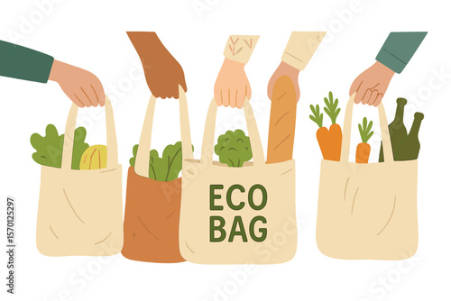 Illustration of people's hands holding reusable eco bags or shoppers for groceries, representing a zero-waste shopping concept with organic and ecological bags for food in a flat vector style