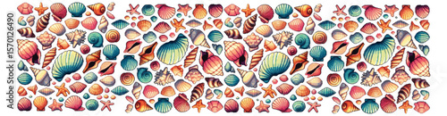 A vibrant collection of seashells and starfish arranged in a repeating pattern, showcasing a variety of shapes, colors, and sizes.