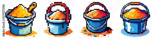 Pixel art depicting four buckets filled with various colored sands, one includes a small shovel.
