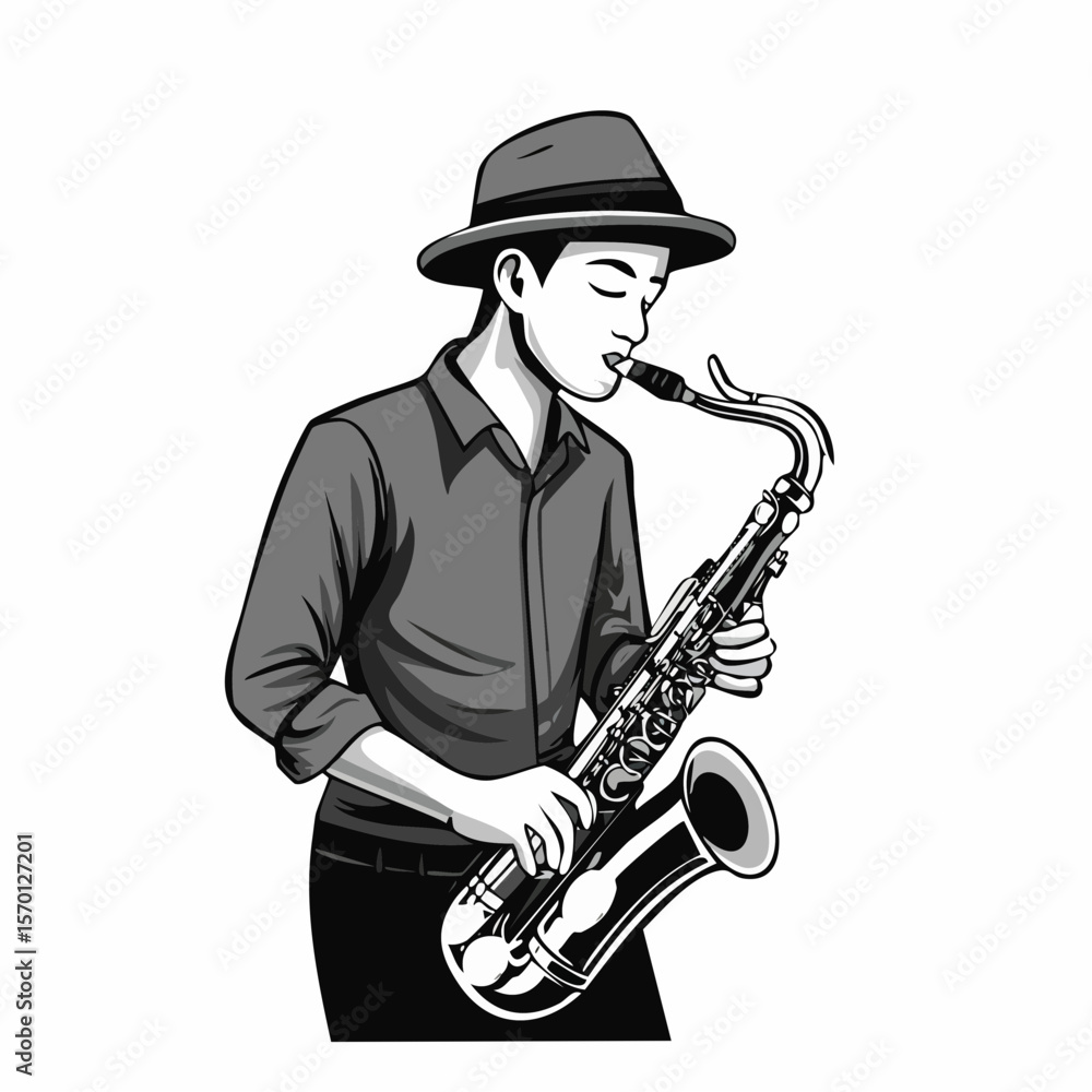 Naklejka premium Man playing saxophone instrument vector image on white background.