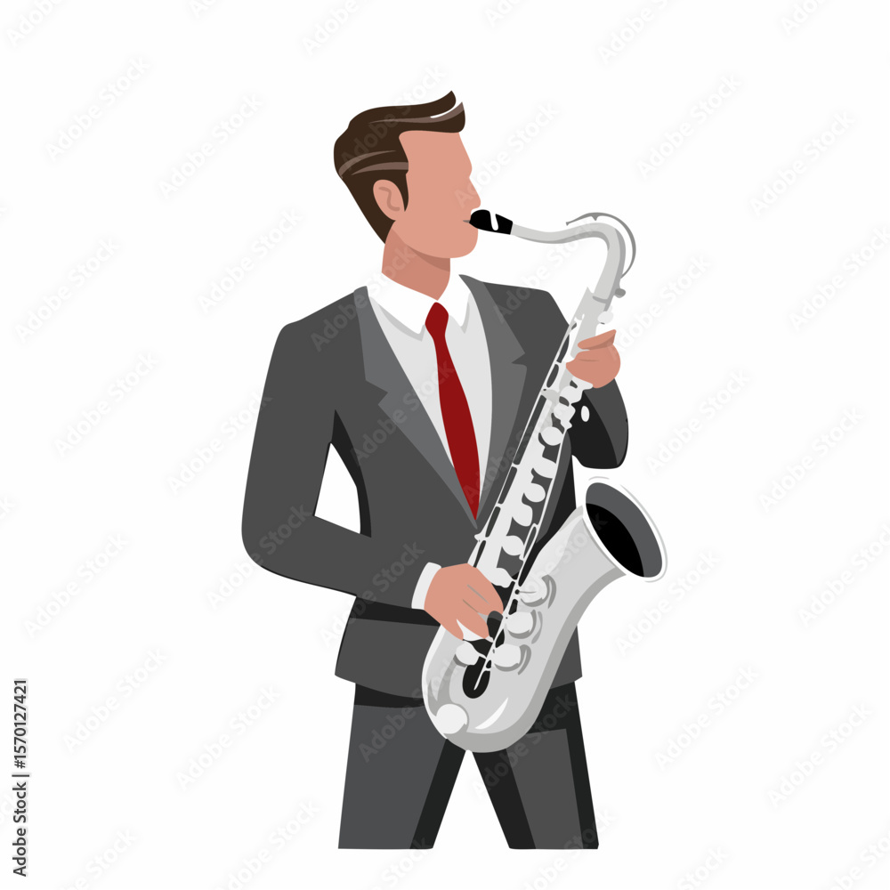 Naklejka premium Man playing saxophone in a stylized illustration vector image on white background.