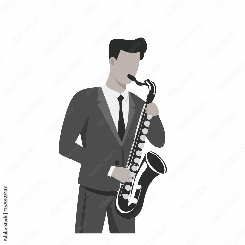 Naklejka premium Man playing saxophone in a stylized illustration vector image on white background.