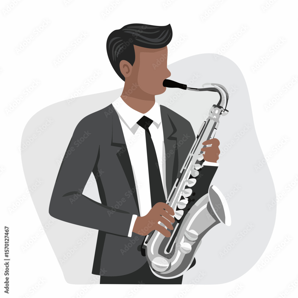 Naklejka premium Man playing saxophone in a stylized illustration vector image on white background.