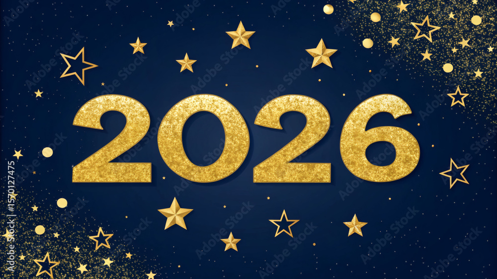 Naklejka premium Festive Glitter “2026” with Golden Stars on Navy Blue 