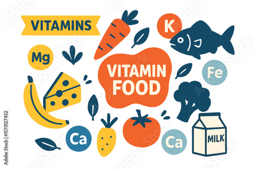 Nutritionally enhanced food products contain essential vitamins and minerals such as magnesium, iron, calcium, and potassium, as depicted in a vitamin food nutrition cartoon vector set
