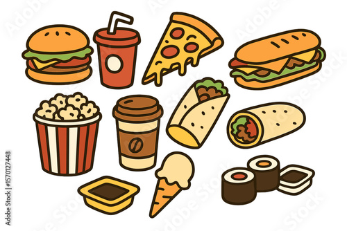 Vector icons of cartoon fast food including burgers, drinks, pizza, hamburgers, and sandwiches are available, along with images of junk food or fastfood like chicken, popcorn snacks, soda, coffee
