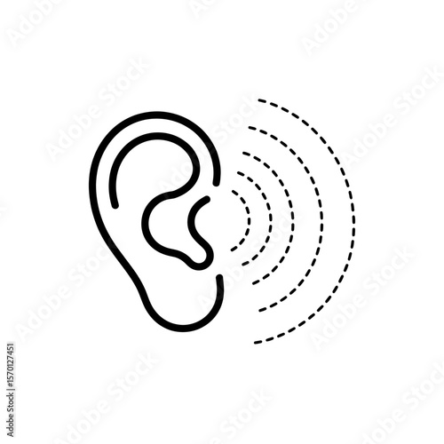 Simple black line drawing of an ear with sound waves emanating from it