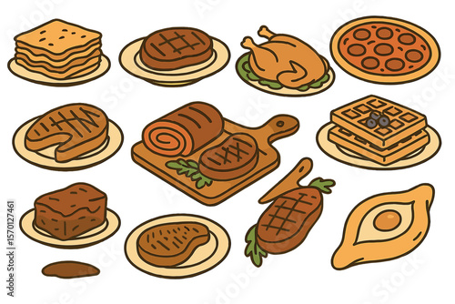 A collection of hand-drawn illustrations featuring various culinary dishes, including lasagna, steak, turkey, pizza, Belgian waffles, khachapuri, brownie, fish steak, and meatloaf, in vector sketch