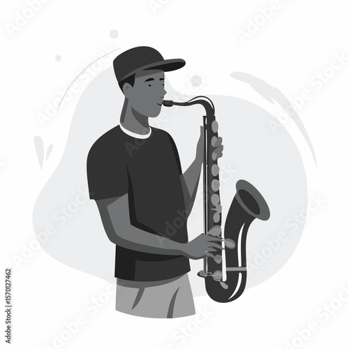 Man playing saxophone in a stylized illustration vector image on white background.