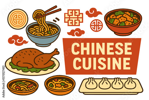 Chinese food consists of Asian dishes from China, including traditional meals like Peking duck, noodles, and chicken, often featured on a vector menu