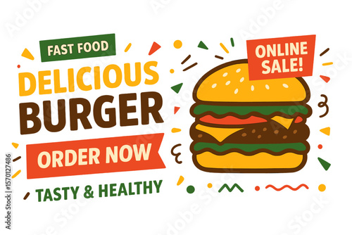 Innovative web banner template for fast food businesses, featuring healthy burgers and online sales for social media marketing