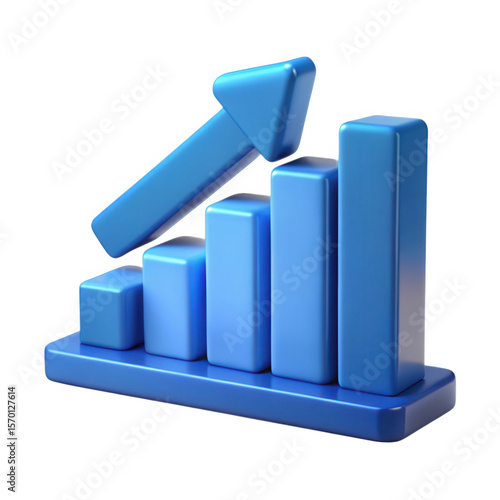 Blue 3d bar chart with upward arrow isolated on transparent background