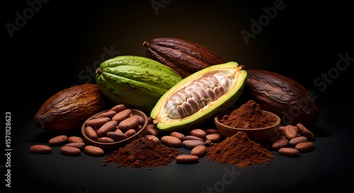 Cocoa Beans and Powder: A Rich Harvest from Cacao Pods, showcasing the journey from bean to delicious chocolate powder