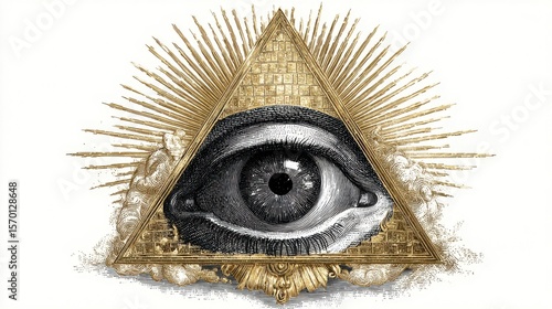 A triangle with an eye in the middle. The eye is black and gold. The triangle is surrounded by gold rays