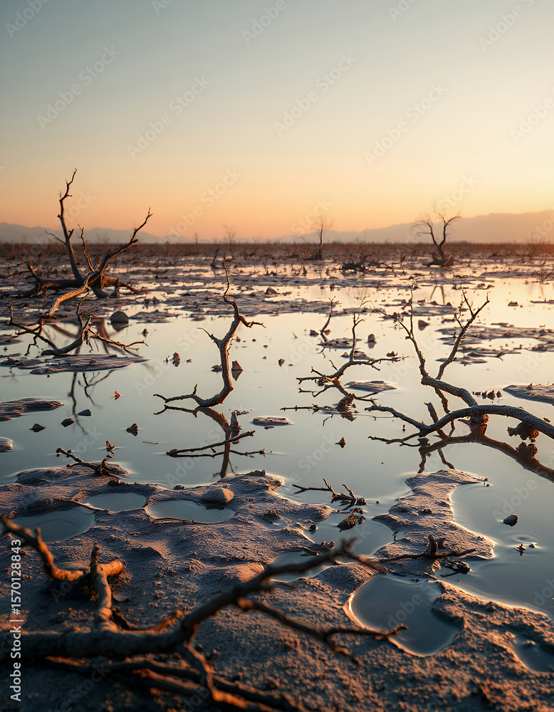 Fototapeta premium Barren Branches: A serene vista unveils gnarled branches against a reflecting pool, under a tranquil sky. Witness the captivating contrast of textures and colors. 