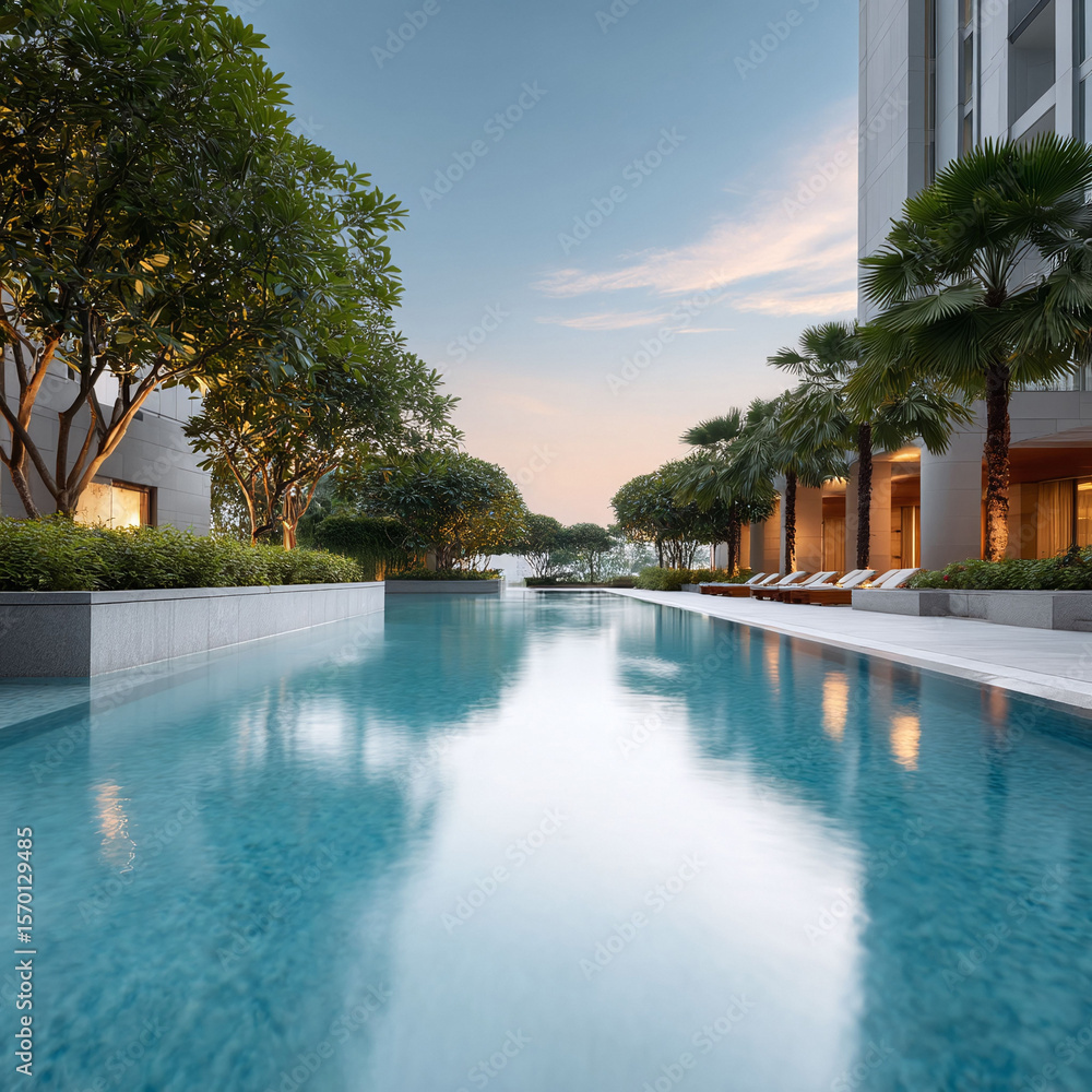 Fototapeta premium Serene pool reflecting a pastel sky, framed by lush greenery and modern architecture. Captures luxury, tranquility, and escape. Perfect for travel or lifestyle.