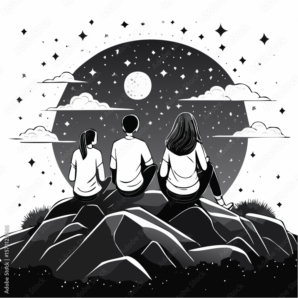 Obraz premium Silhouette of a Group of Teenagers Sitting on Mountain Rocks Admiring the Beauty of the Night
