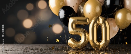 The elegant gold balloons celebrating a significant 50th birthday milestone.