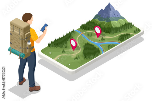 Hiker with backpacks looking at a 3D hiking map with trails, rivers, flags, and mountains. Adventure, trekking, and outdoor navigation concept in isometric style.