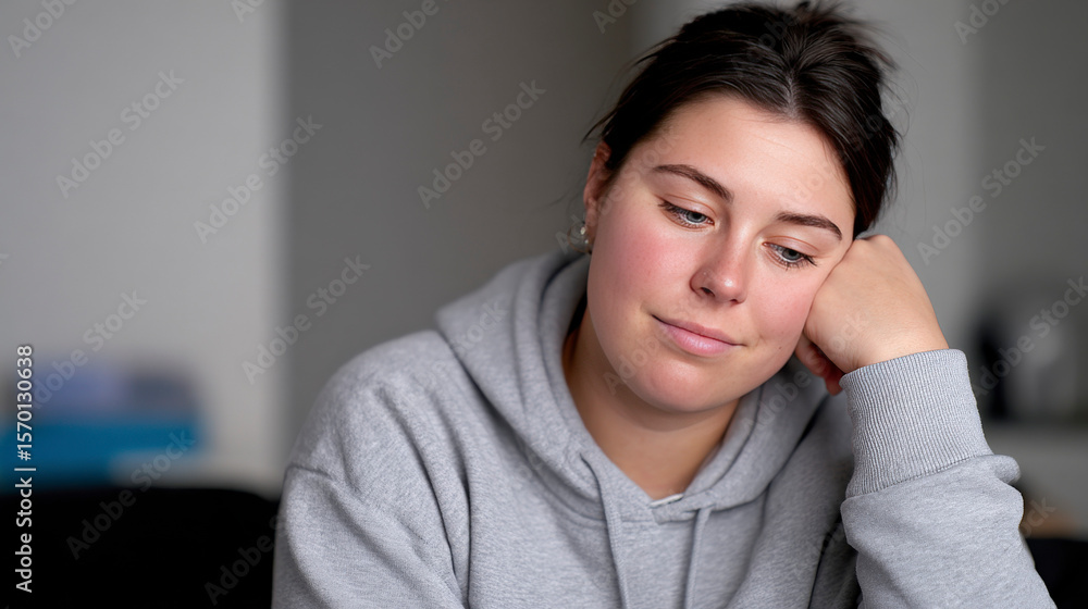 A woman is sitting on a couch with her head on her hand A woman is sitting on a couch with her head on her hand